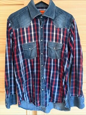 Men's Denim-Yoke Red & Blue Plaid Button-Down Shirt